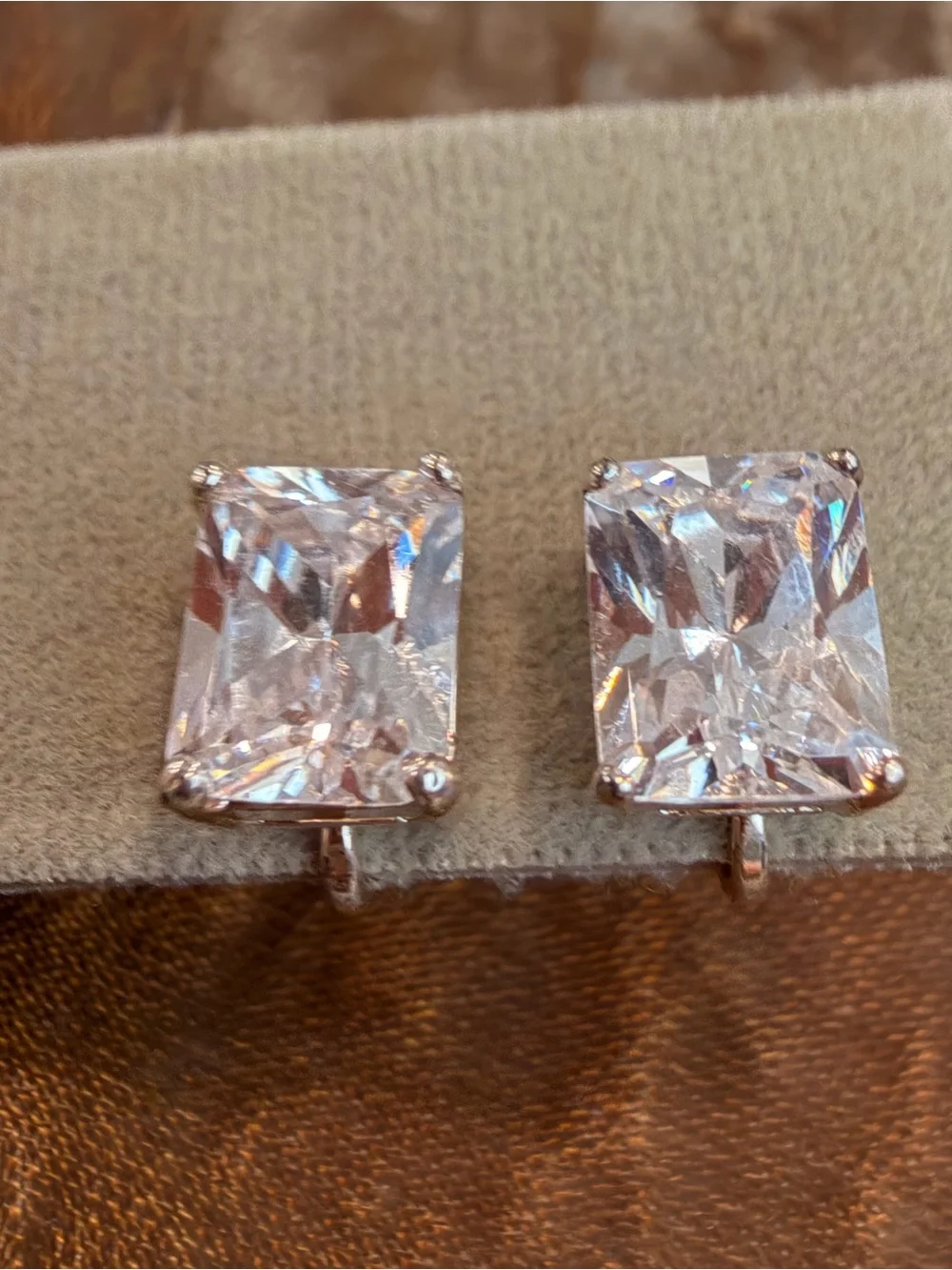 Vintage Clear Crystal Square Drop Clip On Earrings Silver Tone-1068